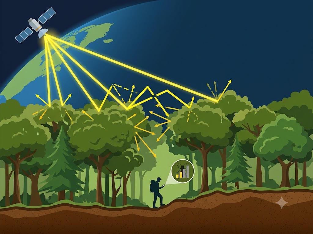 A detailed diagram mapping signal transmission paths through dense forest canopy to the Iridium satellite network network for off-grid messaging.