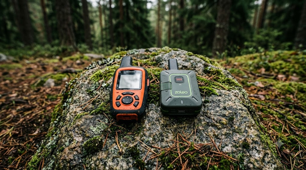Garmin inReach Mini 2 showing onboard screen tracking maps placed next to a screenless ZOLEO satellite messenger on an outdoor granite rock surface.