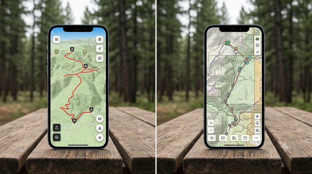 Mobile software interface rendering vector topographic data in a remote mountain environment