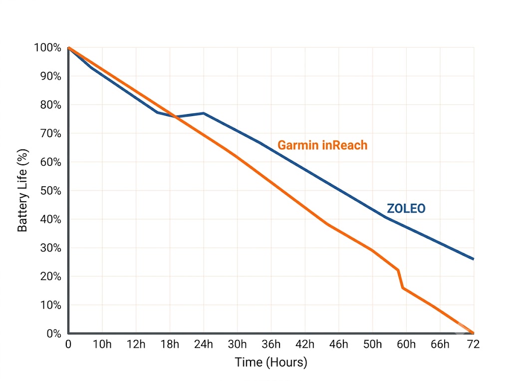 Labeled technical line graph illustrating sub-zero battery drain curves for the Garmin inReach Mini 2 and ZOLEO under 10-minute tracking intervals.