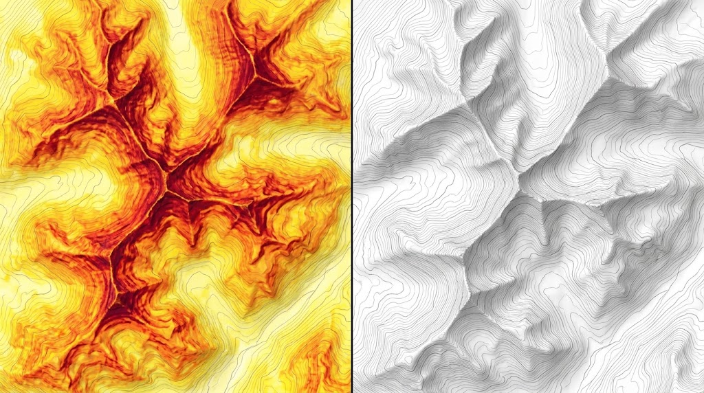 Split view display showing side-by-side differences in terrain slope shading textures between onX and Gaia GPS